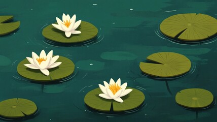 Lily pads and water lilies float serenely on tranquil pond, creating peaceful and calming atmosphere