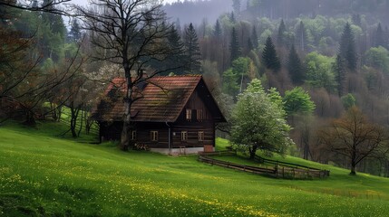 Wooden cabin nestled in green hills