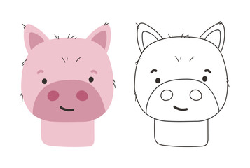 Cute pig animal isolated, cute farm animal coloring, kids illustration, cartoon