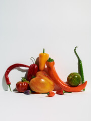 pile of tomatoes and different peppers isolated on white background. Stacked vegetables
