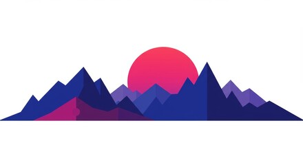 Minimalistic mountain range illustration against white backdrop with sun gradient