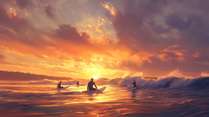 Surfers Enjoy a Serene Sunset Surf Session