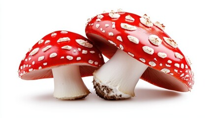 Obraz premium A delightful pose of two perfectly formed red mushrooms showcases rich color and whimsical texture on a clean white background, creating an appealing and eye-catching image.