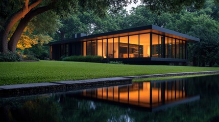 Modern home with water reflection