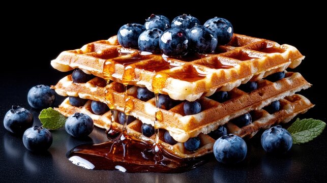 Tempting waffles drizzled with syrup and covered in fresh blueberries, showcasing a delightful treat that is both visually appealing and indulgent to eat.