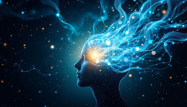 Mindscape: An artistic depiction of the mind, where streams of light and energy emanate from the silhouette of a person's head, expressing the expansive nature of thought.
