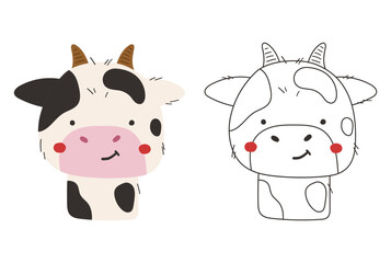 Cute cow animal isolated, cute farm animal coloring, kids illustration, cartoon