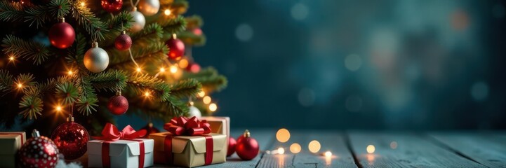 Decorated fir tree with presents & twinkling lights Merry Christmas & Happy New Year card , new year, winter, ball