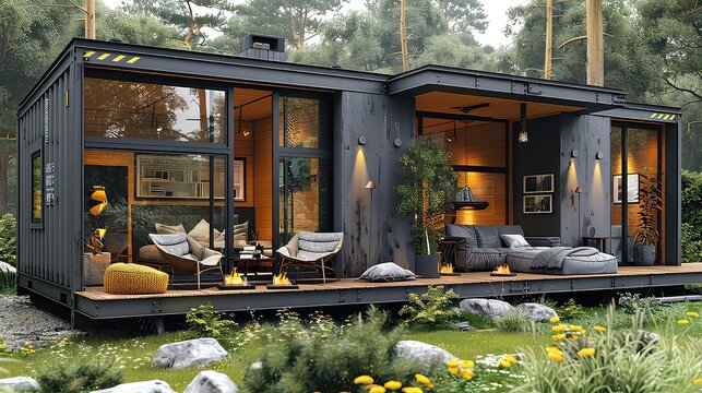 Modern modular home with wooden deck in peaceful forest setting