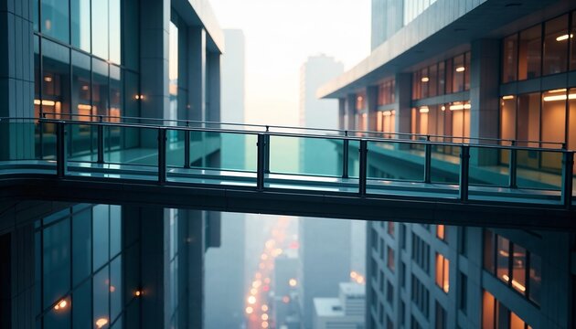 Modern cityscape featuring glass bridge in foggy atmosphere - Powered by Adobe