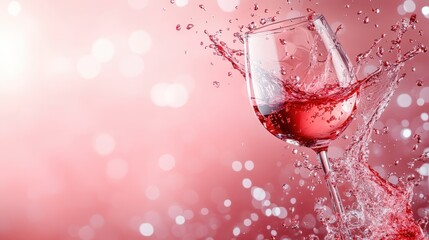 A vibrant image featuring a red wine glass splashing in motion over a pink backdrop with a beautiful bokeh effect, evoking feelings of celebration and joy.