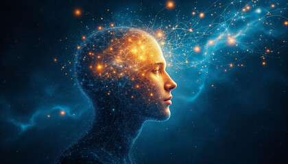 Mind Expansion: A person is depicted with a glowing brain of interconnected network of energy, stars, or galaxies, it shows intellectual and emotional intelligence.