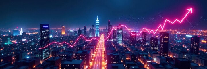 Fototapeta premium Cyberpunk style graph depicting financial flow over city at night, complex, dark, city