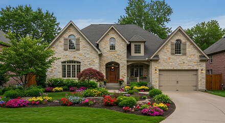 A distinguished stone home with multiple gables and a welcoming front porch is beautifully framed by vibrant, colorful landscaping in Kenilworth, Illinois.
