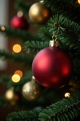 Close-up red ornament on vintage Christmas tree, warm lights , lights, winter, new years background