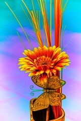 Rotgelbe Gerbera in Ziervase mit Dekoschmetterling