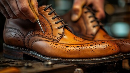 Cobbler fixing leather shoe with intricate hole details