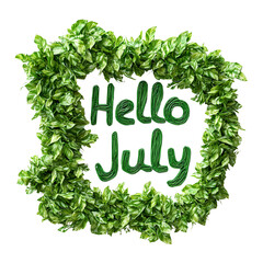 A vibrant green wreath with the text 'Hello July', perfect for summer-themed decorations and greetings.
