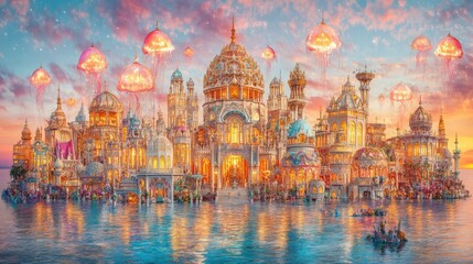 Enchanted City with Colorful Jellyfish Floating Above Water