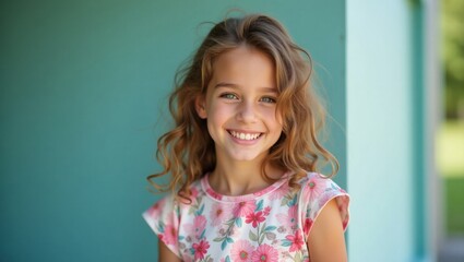 Portrait of a cheerful young girl with a radiant smile and curly hair