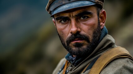Naklejka premium A rugged soldier gazes into the distance with a determined look. His expression reveals strength and resilience. The backdrop adds depth to his character. Generative AI.