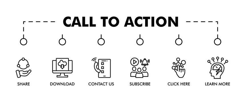 Call to action banner web icon set vector illustration concept with icon of download, share, learn more, watch our video, contact us, subscribe, and click here icons symbol easy to edit