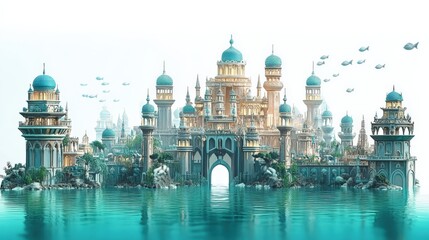 Majestic Fantasy Castle Surrounded by Water and Exotic Fish