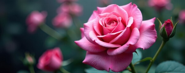 Close-up pink rose bouquet, rain-kissed glass, vibrant, petals