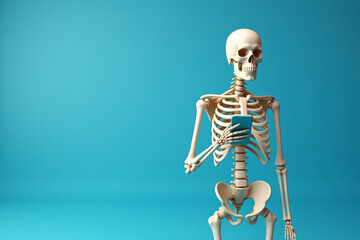 Human skeleton model holding phone with green screen. Anatomical skeleton model. Skeletal system isolated on blue background. AI