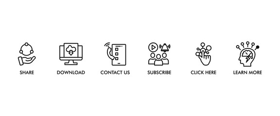 Call to action banner web icon set vector illustration concept with icon of download, share, learn more, watch our video, contact us, subscribe, and click here icons symbol easy to edit