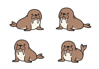 Four cartoon walrus illustrations on black background