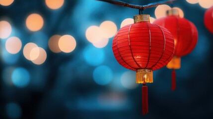 Red lanterns hang outdoors at night