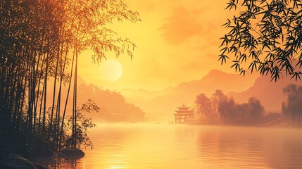 Naklejka premium Landscape paintings on the golden lake