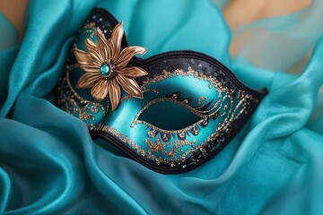 Quinceanera invitation with mask design, in turquoise and black colors, elegant party, party-style mask design.

