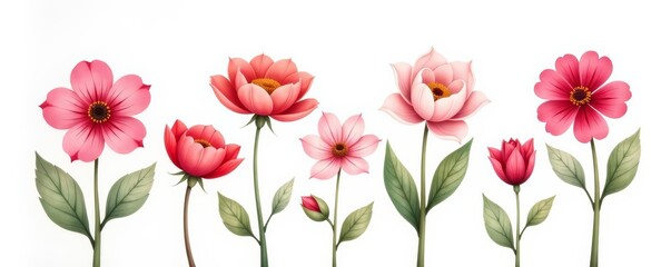 Set of hand-painted romantic flowers in soft colors on white background, summer, bloom, watercolor