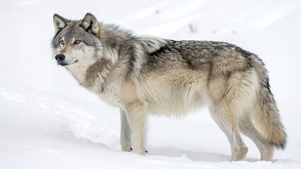 Obraz premium Gray wolf standing alert in the snow covered landscape looking to the left side of the picture frame