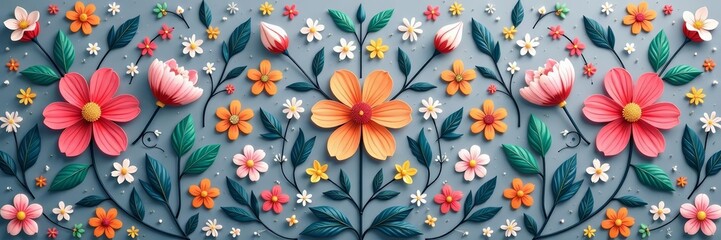 Geometric gray floral pattern design with ornamental elements, seamless, stylish