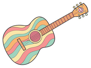 Retro Wavy Guitar Illustration with Heart and Flower, Colorful Design