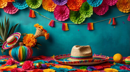 Colorful Mexican Fiesta Party Decorations with Sombreros and Balloons