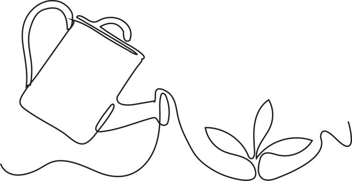 single  Line Art of Watering Can and Growing Plant