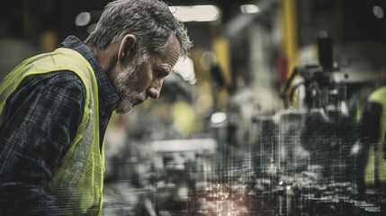 Senior man, gray hair, wearing safety vest, inspecting industrial machinery, overlayed with digital grid, depicting technological advancement in manufacturing