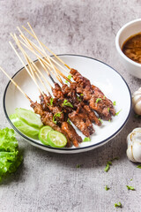 chicken satay in plate with peanut sauce