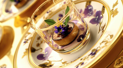 Beautifully presented dish featuring foie gras garnished with truffle and delicate edible flowers, served in elegant glass on luxurious plate. artistic plating showcases fine dining aesthetics