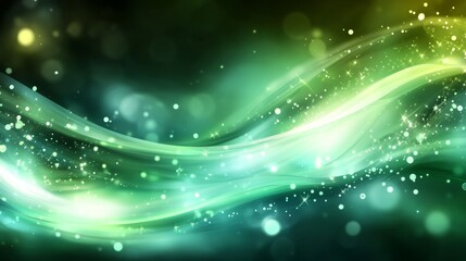 Fototapeta premium Abstract Green Ribbon Wave, Sparkling Glitter Texture with Dynamic Flow on a Dark Background.