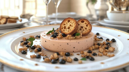 Delightful fine dining starter featuring creamy mousse with crispy bread, garnished with black berries and herbs, served elegantly on white plate