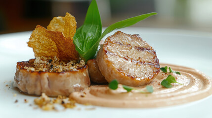 Luxurious foie gras dish featuring grilled slices, crispy chips, and rich sauce, beautifully plated for elegant dining experience. presentation highlights gourmet culinary artistry