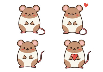 Fototapeta premium Four cute cartoon mice in different poses and expressions against black background