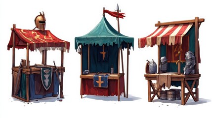 Colorful Medieval Market Stalls with Helmets and Banners