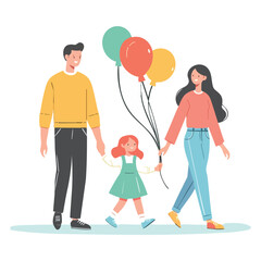 Happy Family Holding Balloons Cartoon Illustration Togetherness Love