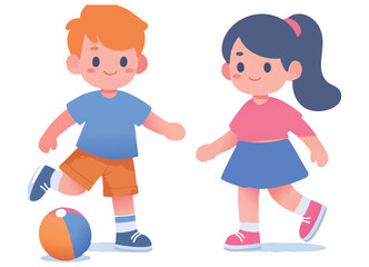 Two Kids Playing with Ball Cartoon Illustration Playtime Fun